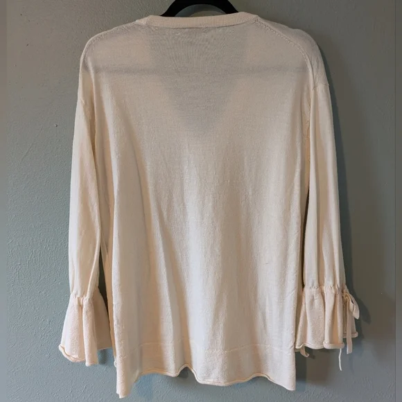 J. Crew Cream Merino Wool V-Neck Ruffle Bell Sleeve Sweater Top Size M - Picture 4 of 6